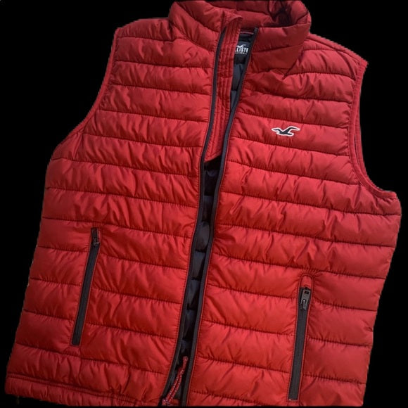 Hollister Burgundy Red Puffer Full Zip Vest Mens Zipped Pockets - THE GREY AREA