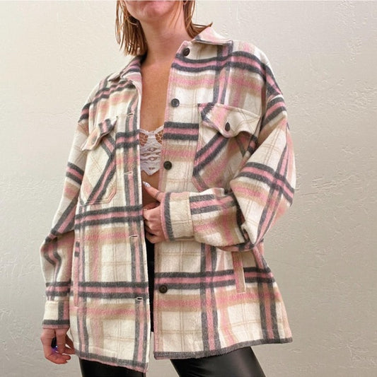 Women's Zara Pink Plaid Soft Button Up Over-sized Shacket - THE GREY AREA