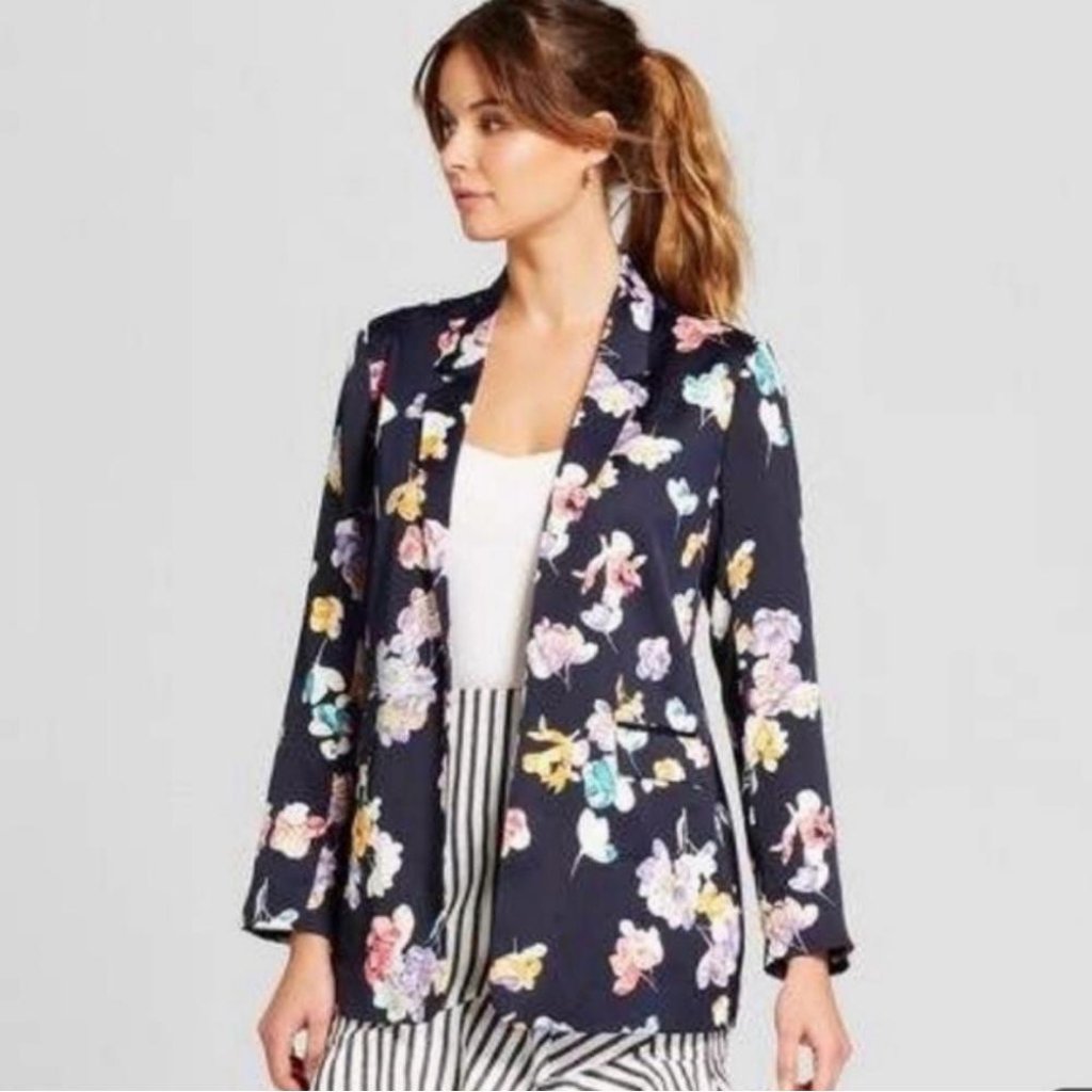 A New Day Navy Blue Floral Satin Blazer