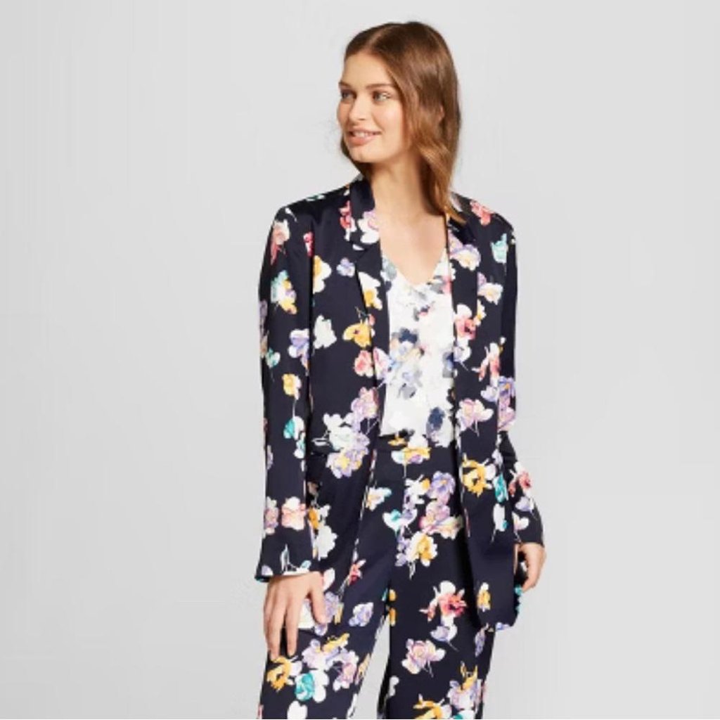 A New Day Navy Blue Floral Satin Blazer