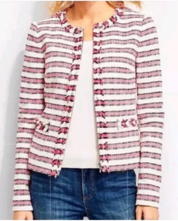 Talbots Striped Fringe Zip Jacket With Woven Patch Pockets Lined