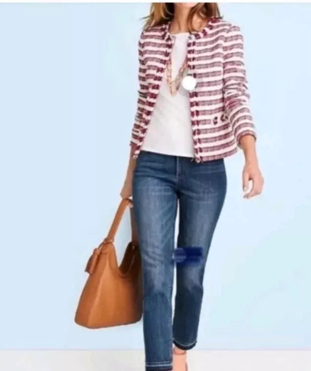 Talbots Striped Fringe Zip Jacket With Woven Patch Pockets Lined